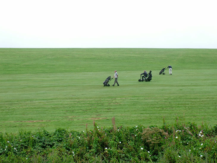 Three golfers on a course by the canal